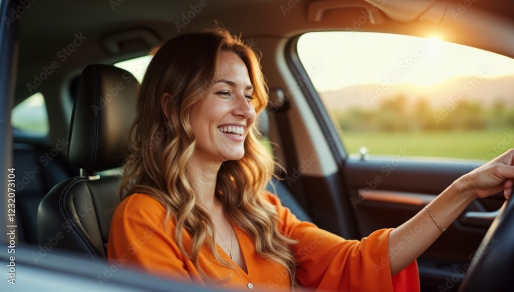 Naklejka premium Smiling Woman Driving a Car During a Scenic Sunset Drive