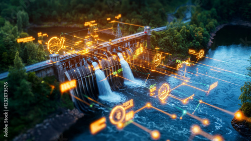 Hydroelectric Dam and Data Visualization at Night A Sustainable Energy Solution