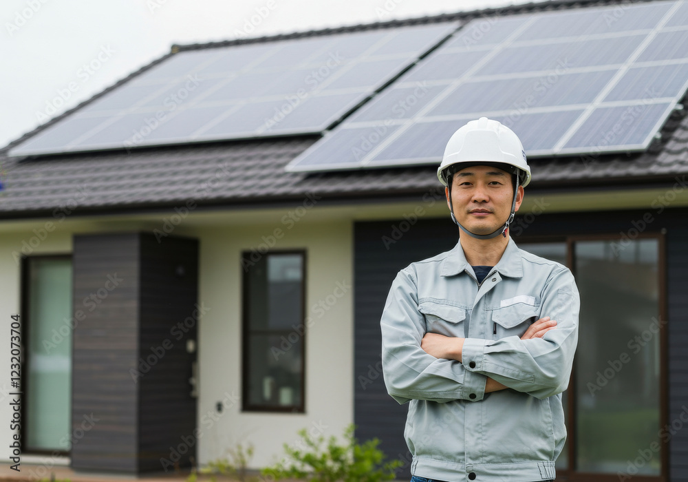 Asian male solar panel installer stands in front of an energy autonomous house, a renewable energy concept Asian male solar panel installer stands in front of an energy autonomous house, a renewable energy concept
