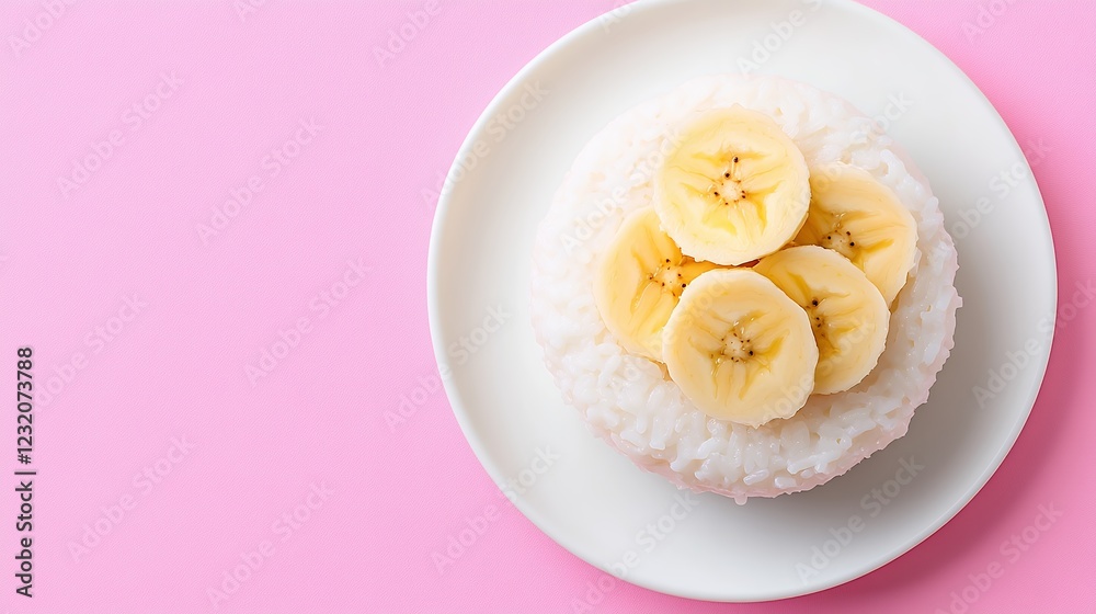 Sweet Rice Cake with Fresh Banana Slices on Pink Background Sweet Rice Cake with Fresh Banana Slices on Pink Background