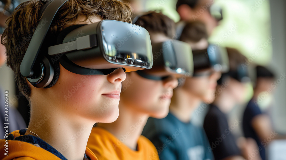 A child wearing a VR headset smiles, experiencing the future of interactive education and entertainment through the use of virtual reality technology in modern classrooms. A child wearing a VR headset smiles, experiencing the future of interactive education and entertainment through the use of virtual reality technology in modern classrooms.