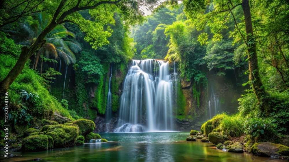 Obraz premium waterfall cascade through dense forest foliage, natural beauty
