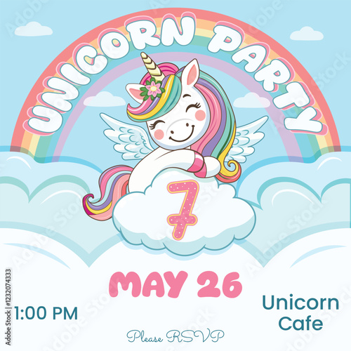Birthday party invitation template with cute unicorn hugs cloud with number 7. Vector illustration.