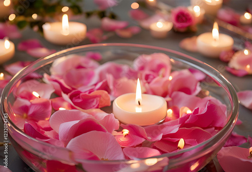 delicate rose petal water display with glowing candles
