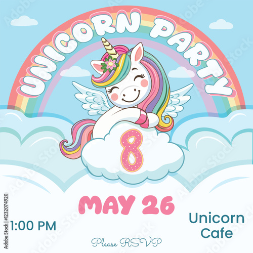 Birthday party invitation template with cute unicorn hugs cloud with number 8. Vector illustration.