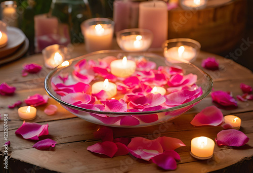 dreamy water bowl with pink petals and soft light
