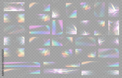 Crystal rays of light, prism refraction, lens flare, crystal glass reflection effect. Prism vector, realistic light leak effect with spectral flare. Bright light banner, poster, template.