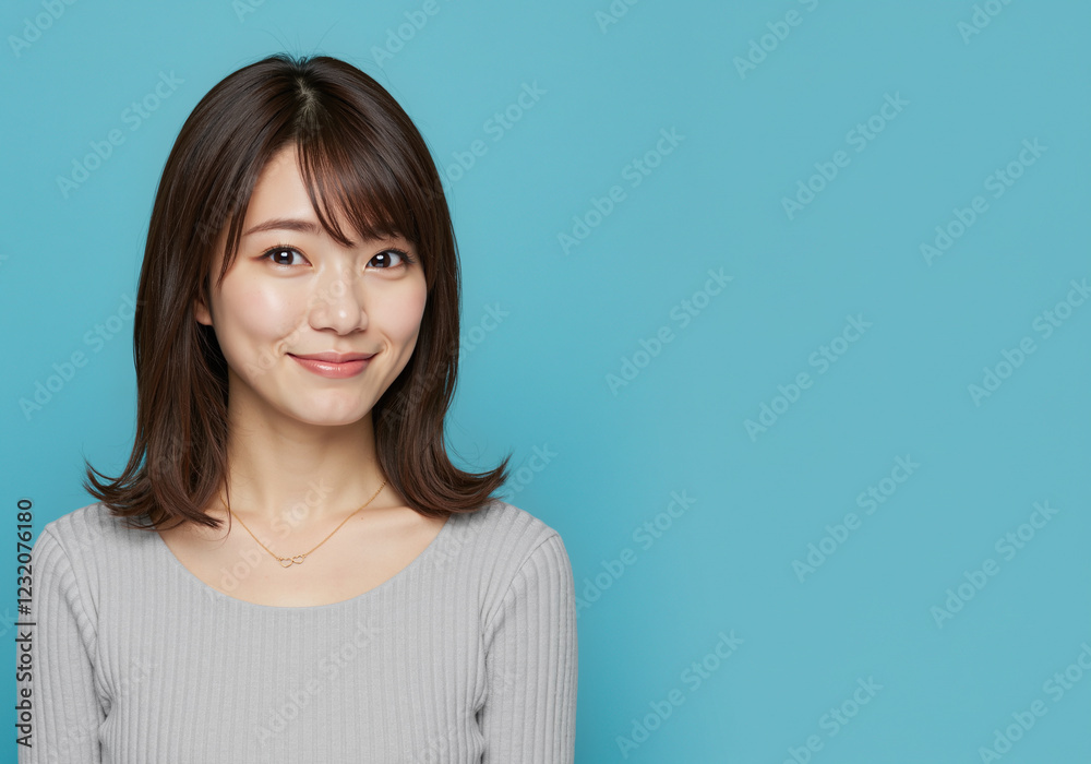 Obraz premium Japanese woman with a beautiful friendly smile looks at the viewer with an endearing and appreciative stare - isolated background with copy space