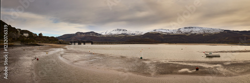 Cadair Idris and bridge from Barmouth, North Wales, UK