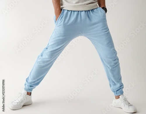 A male model showcases casual style in light blue sweatpants and white sneakers, exuding comfort and leisure.