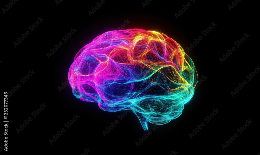 Colorful Neon Brain Illustration Representing Neural Connections and Cognitive Processes Colorful Neon Brain Illustration Representing Neural Connections and Cognitive Processes