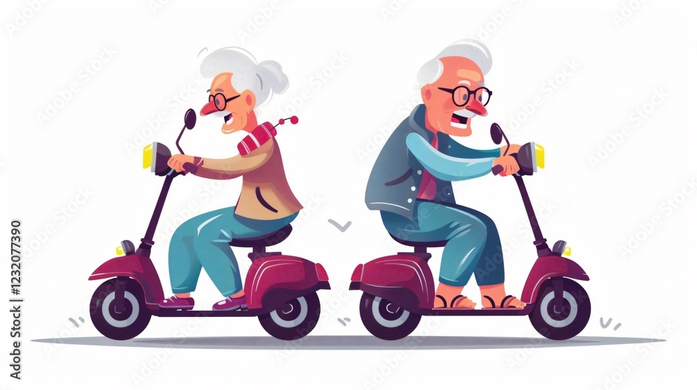 Elderly couple joyfully riding scooters together on a sunny day Elderly couple joyfully riding scooters together on a sunny day