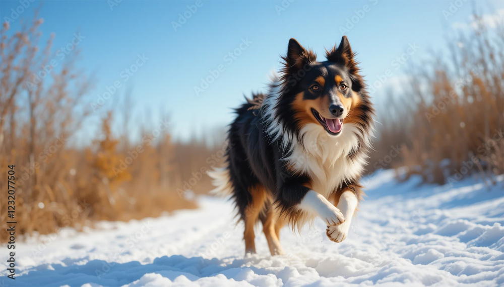 border collie dog, Collie Running on Snow-Covered Path border collie dog, Collie Running on Snow-Covered Path