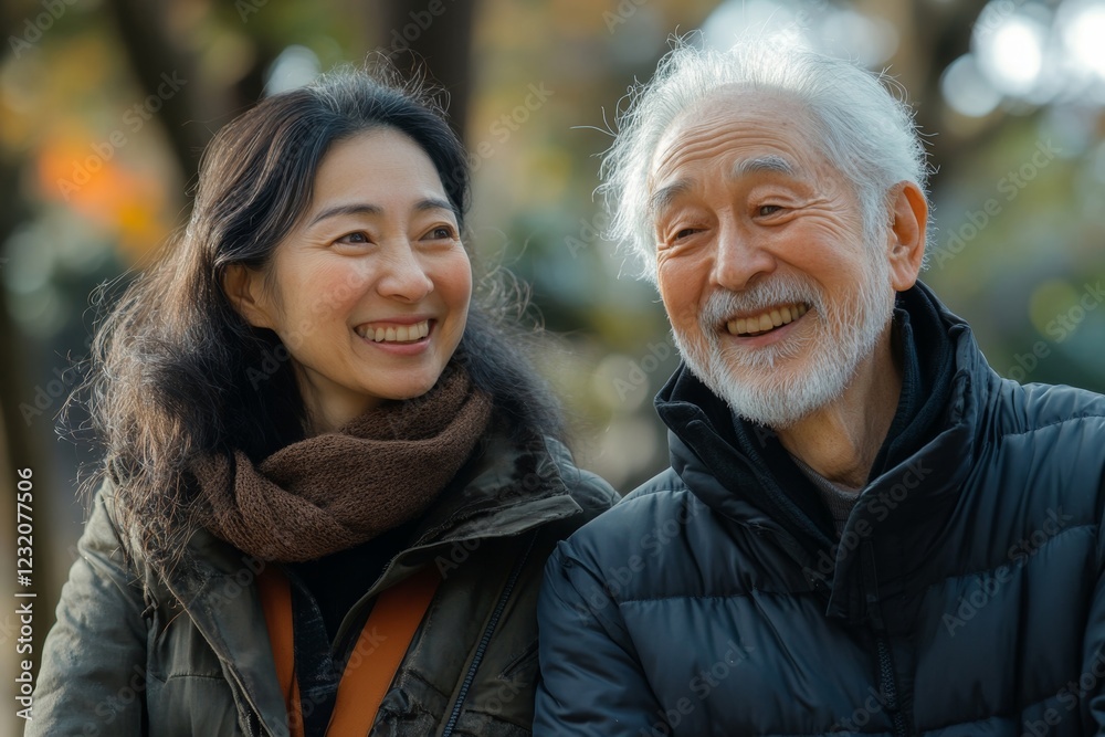 elderly healthy asian couple smile and relax in the park together elderly healthy asian couple smile and relax in the park together