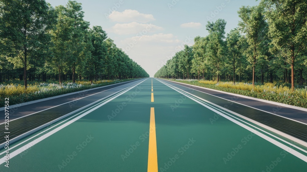 Fototapeta premium Futuristic Highway Scene with AI-Controlled Bicycle at Sunrise