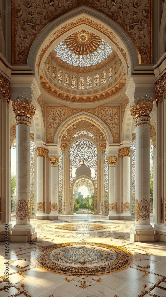 Obraz premium A Breathtakingly Opulent Palace Interior, Bathed In Sunlight, Features Intricate Gold Detailing And A Stunning Mosaic Floor. It Evokes A Sense Of Grandeur And Serenity.