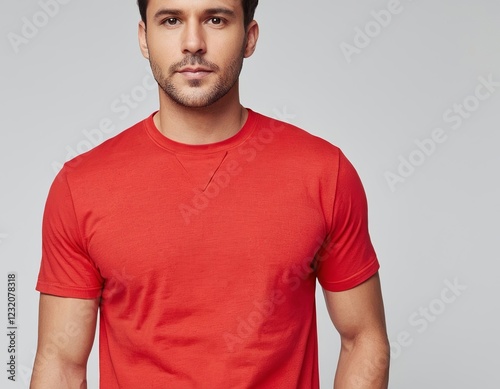 A confident Hispanic man in a bright red t-shirt showcases casual wear style.