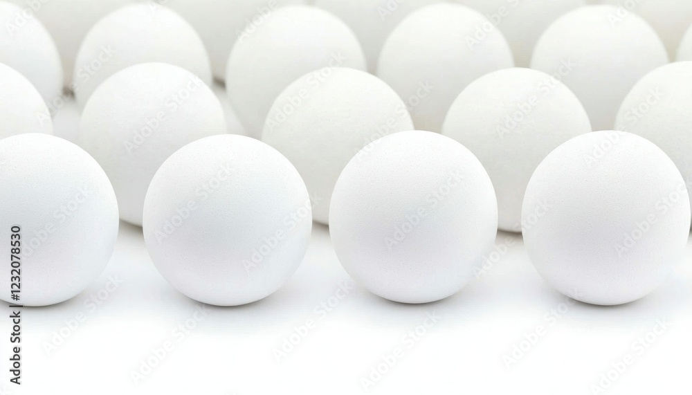 A row of white spheres, uniform in shape and color, arranged neatly, creating a visually appealing pattern. A row of white spheres, uniform in shape and color, arranged neatly, creating a visually appealing pattern.