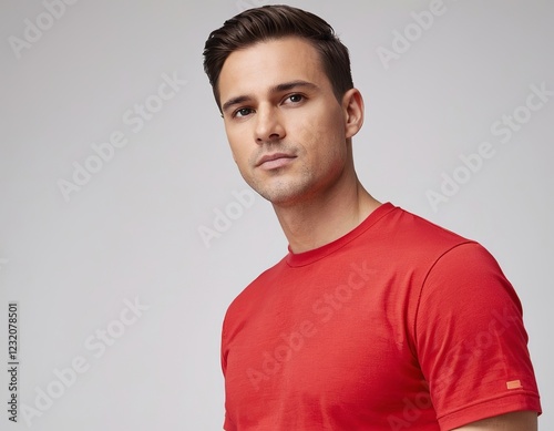 A young Caucasian man in a red t-shirt, looking confidently at the camera with a neutral background.