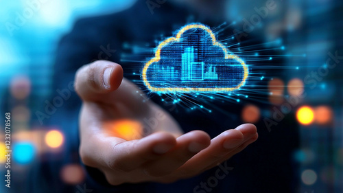 Person Gently Holding a Glowing Digital Cloud Icon Against a Blurred Cityscape at Night