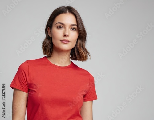 Young woman with a confident expression, wearing a bright red t-shirt against a soft gray background.