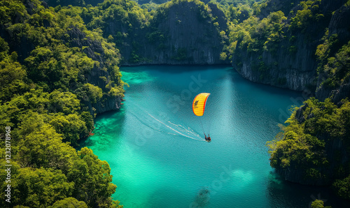 Parasailer Floating Above an Emerald Lagoon, Capturing the Serenity of the Tropical Waters photo