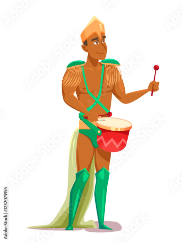 Brazilian carnival drummer in traditional costume. Colorful cartoon male character isolated on white background vector illustration. Brazil festive party banner.