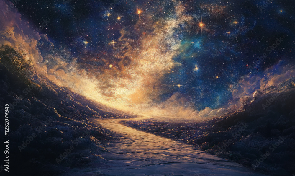 Fototapeta premium Cosmic Pathway Under a Glittering Blanket of Stars, Leading Into the Vast Universe