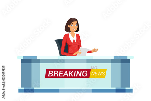 Live breaking news flat vector illustration. Woman journalist in TV studio. Television news program presenter cartoon female character. Broadcast announcing.