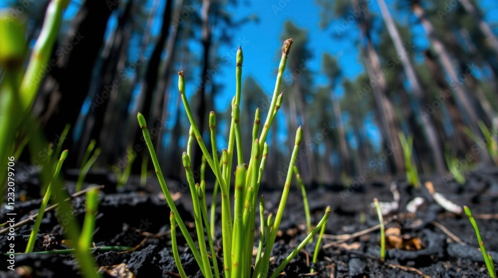 Obraz premium Resilient green shoots emerge from blackened earth in aftermath of forest fire in a sunlit woodland