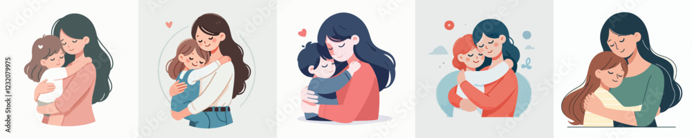 vector set of a child hugging his mother vector set of a child hugging his mother