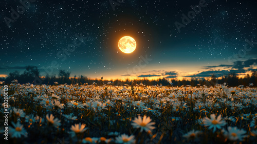 A bright, immense moon casts its glow over a chamomile field beneath a starry night sky, filling the air with an enchanting atmosphere of lightness and romantic mystery.