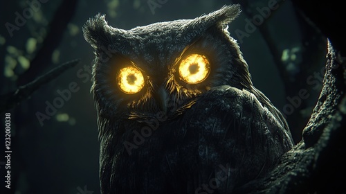 Glowing-eyed owl perched, night forest, mystery, game art