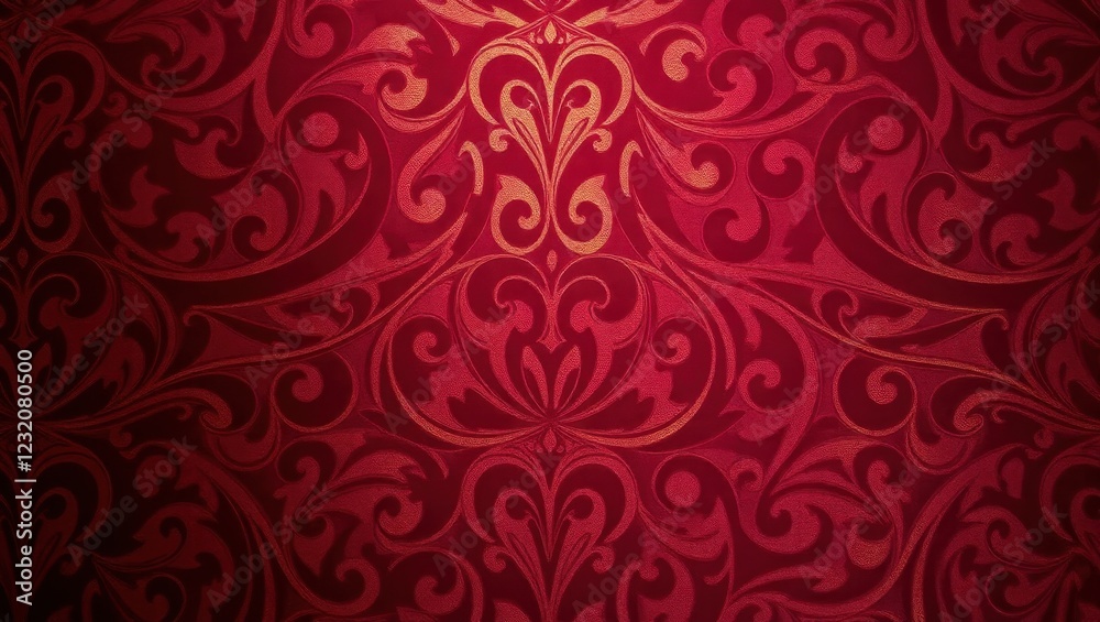 Elegant red damask fabric adorned with intricate swirling patterns creates a luxurious backdrop for any setting or decor Elegant red damask fabric adorned with intricate swirling patterns creates a luxurious backdrop for any setting or decor