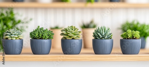 Five Small Succulents in Gray Pots on a Wooden Shelf, Minimalist Home Decor and Gardening Concept photo