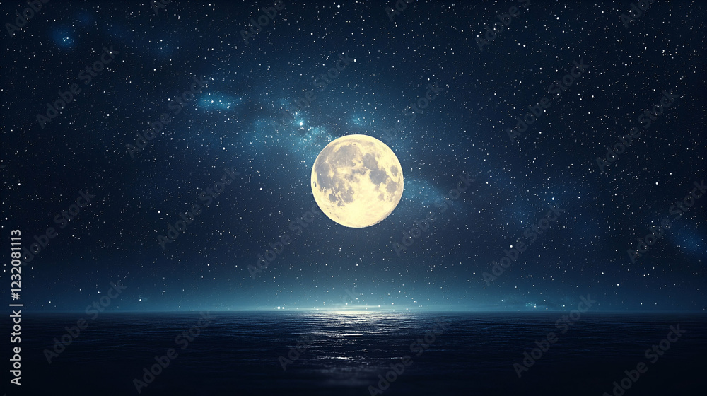 Fototapeta premium Full moon over calm ocean at night, starry sky background