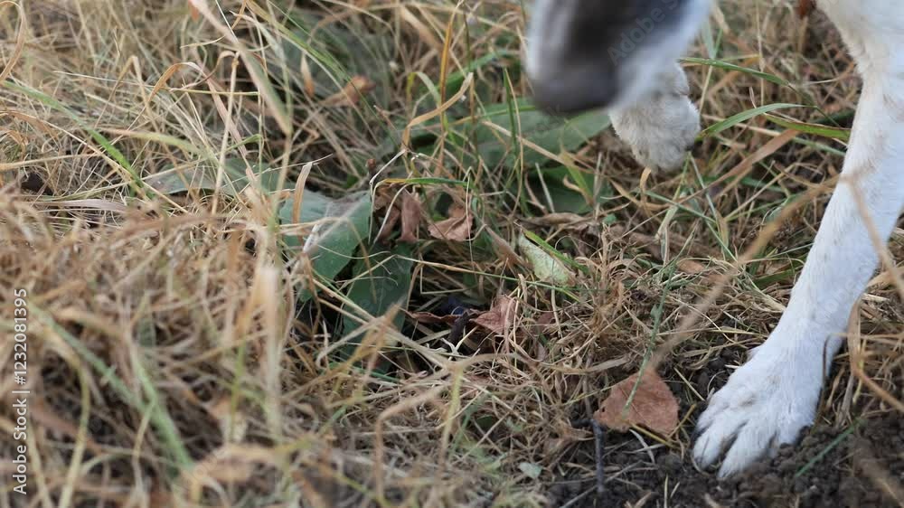 A curious dog excitedly digs in the grass, uncovering something intriguing in the field A curious dog excitedly digs in the grass, uncovering something intriguing in the field