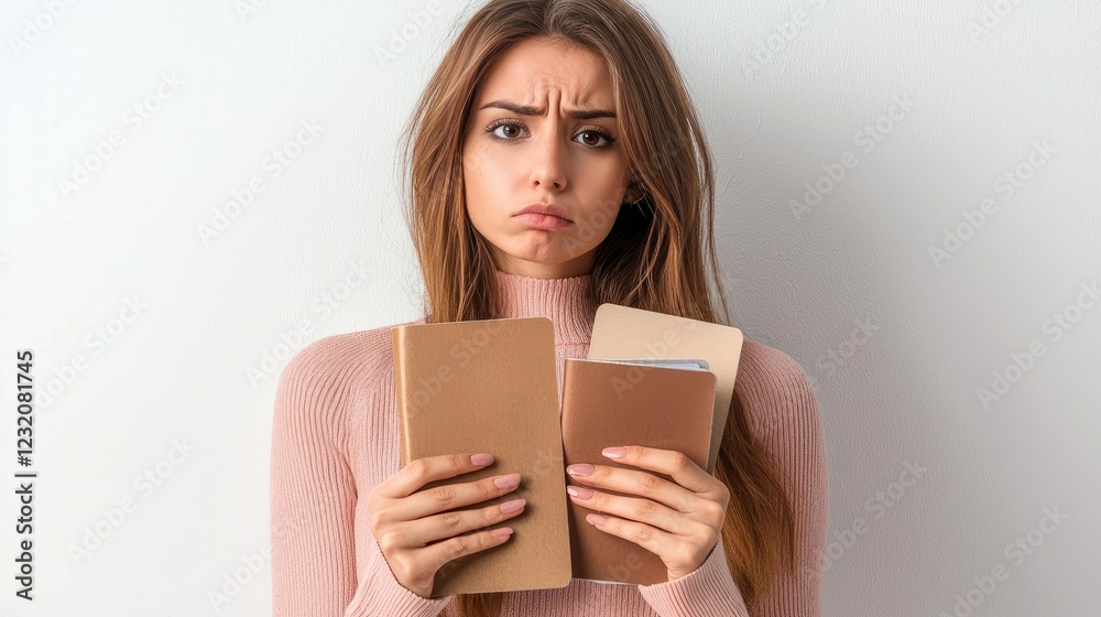 Woman Holding Notebooks with Concerned Expression Against Wall Woman Holding Notebooks with Concerned Expression Against Wall