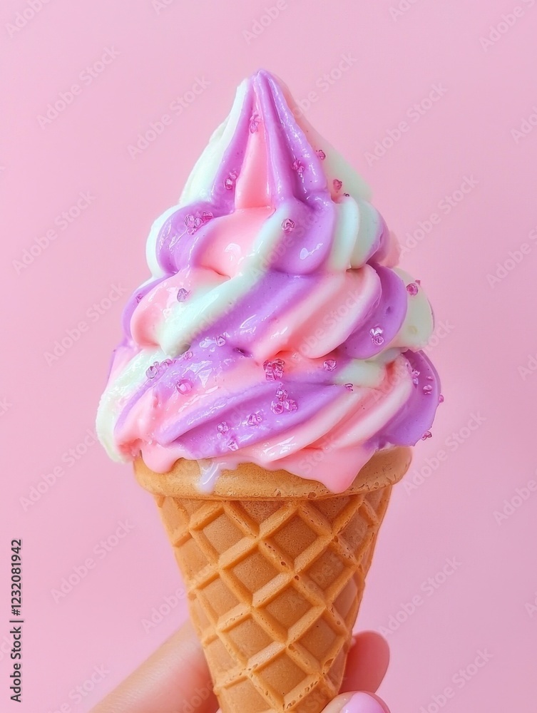Colorful Soft Serve Ice Cream Cone on Pink Background Colorful Soft Serve Ice Cream Cone on Pink Background