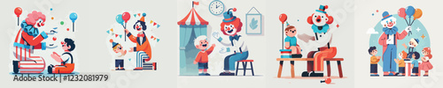 set of clown vectors entertaining little children