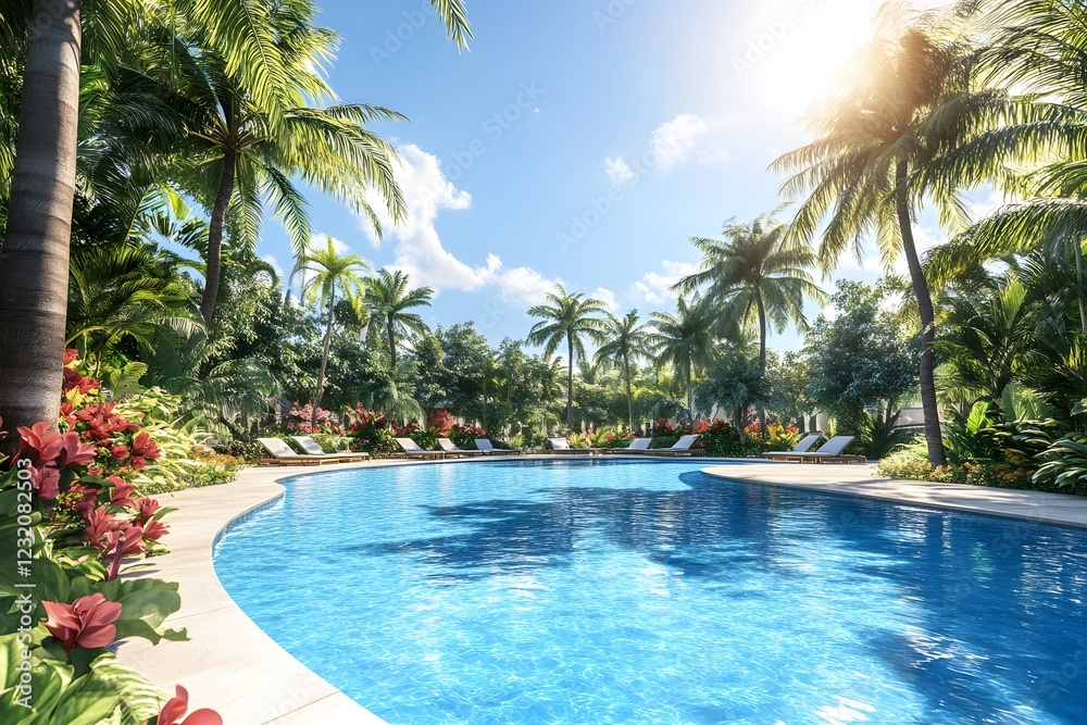 Fototapeta premium A beautiful swimming pool in the middle of a tropical garden with palm trees and flowers, bright blue water, close-up, Generative AI