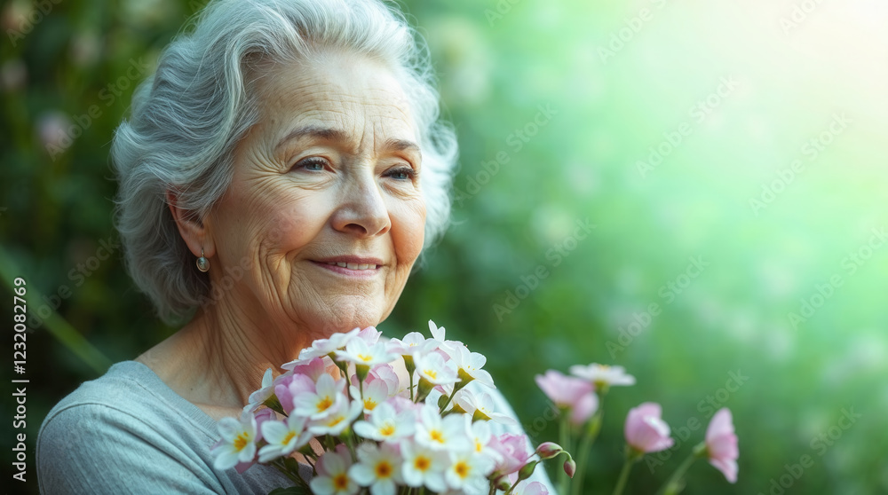 Obraz premium Cheerful old American lady holds a bouquet of flowers. Mother's Day wallpaper with empty space for text