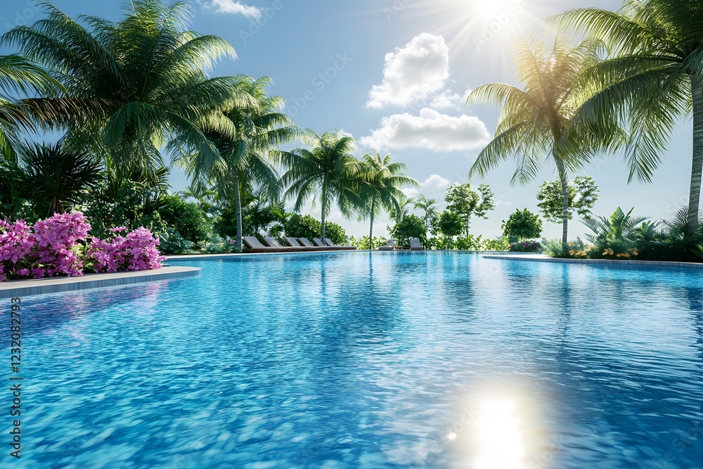 Fototapeta premium A beautiful swimming pool in the middle of a tropical garden with palm trees and flowers, bright blue water, close-up, Generative AI