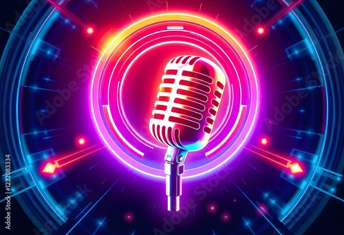 Retro Microphone in Neon Glow: Vibrant Synthwave Art