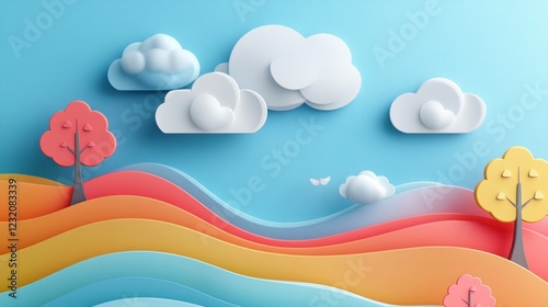 Whimsical Rainbow Hillscape: A 3D Rendered Dreamland of Colorful Hills, Fluffy Clouds, and Playful Trees