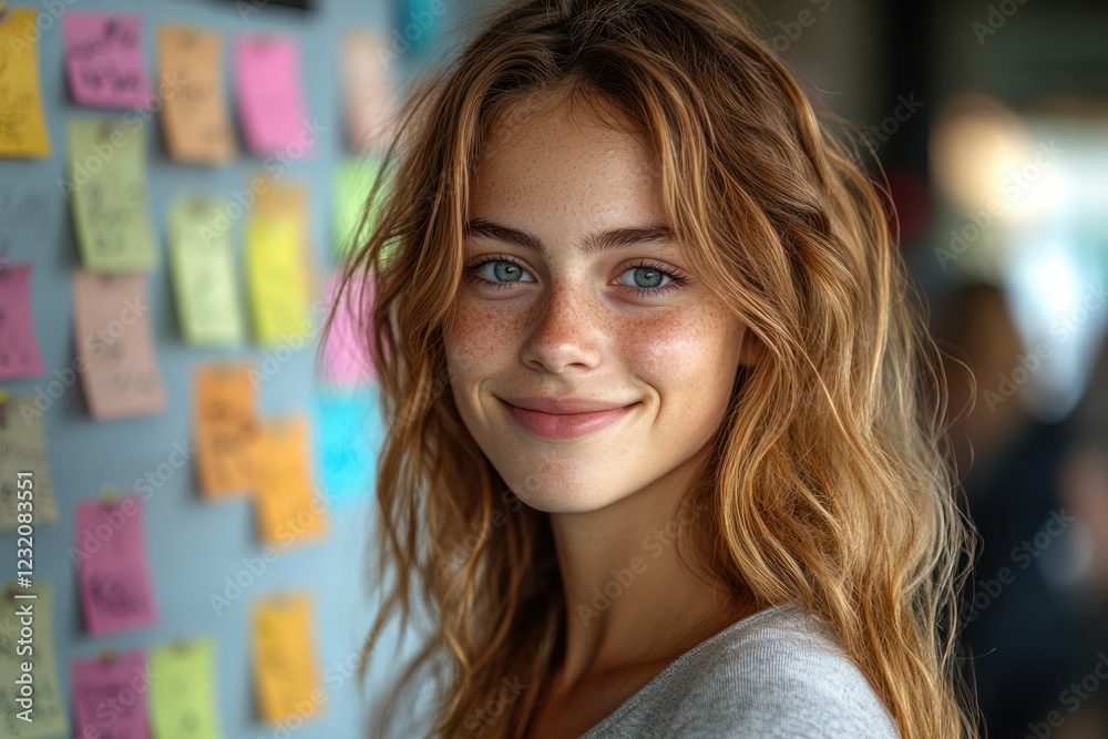 Young woman smiles in a casual setting surrounded by colorful sticky notes during daytime Young woman smiles in a casual setting surrounded by colorful sticky notes during daytime