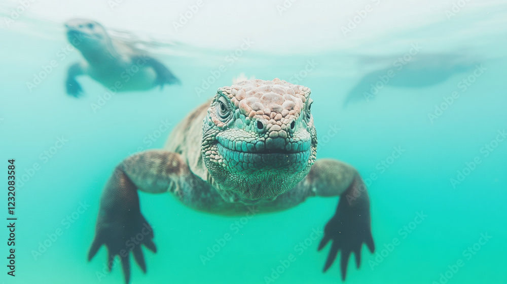 Obraz premium Galapagos marine iguanas gliding through the clear blue waters, their sleek bodies cutting through the ocean as they navigate the currents with ease, surrounded by the vibrant underwater world.