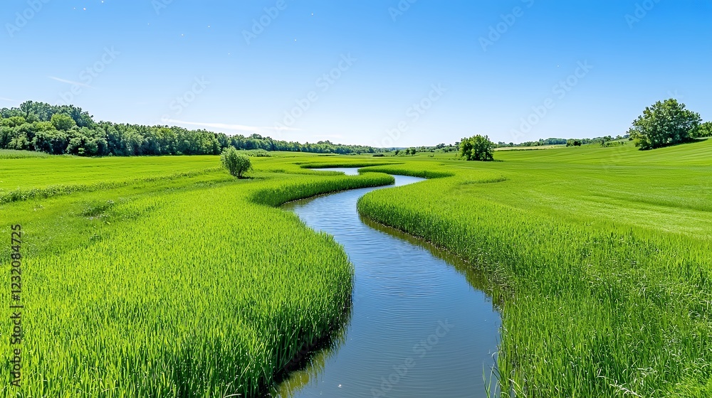 Obraz premium Tranquil Stream Winding Through Lush Green Meadow Under a Clear Blue Sky