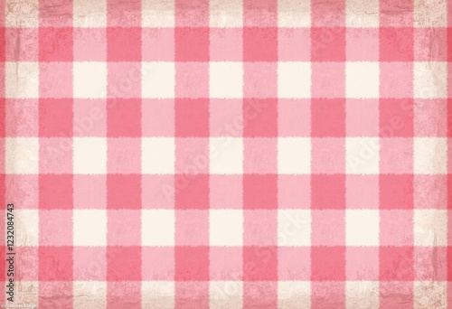Pink Gingham Fabric: Seamless Pattern, Soft Woven Texture, Even Squares, Lighter Darker Shades, Cozy Material, Picnic Blanket Design, Cute Summer Dress Style, Cotton Linen Feel.
