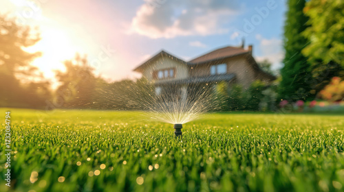 Automatic garden watering system with lawn sprinkler. Sprinklers spraying water on a lush green lawn on a sunny day.
